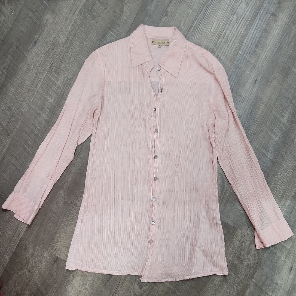 Women's Pink And White Micro Stripe Button Down Shirt Or SWIMSUIT cover